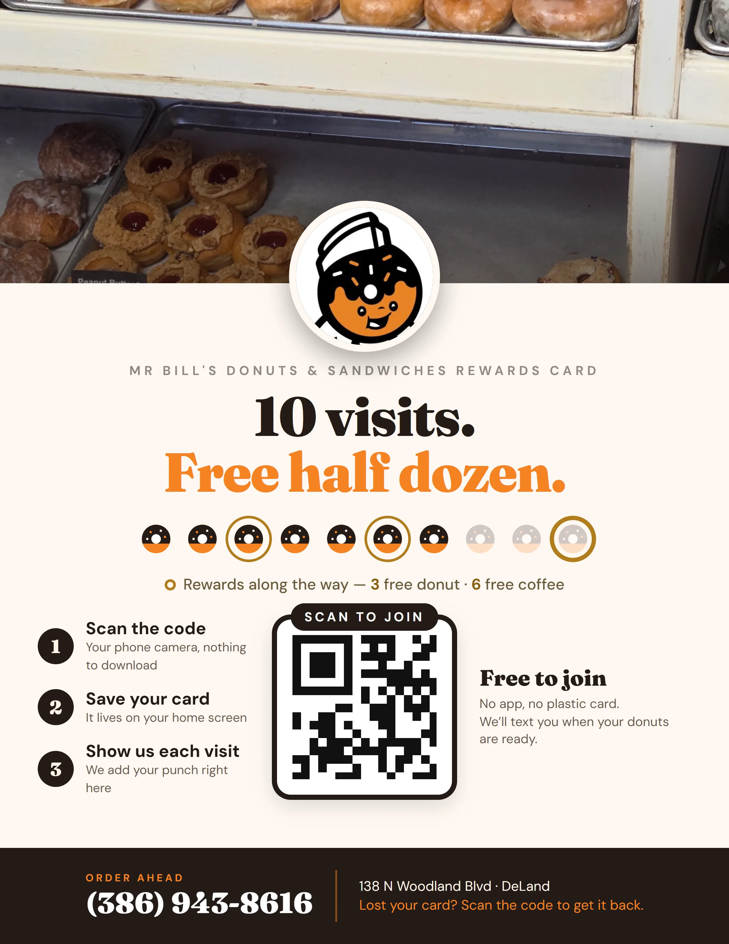 Mr Bill's Donuts & Sandwiches rewards counter sign customer side